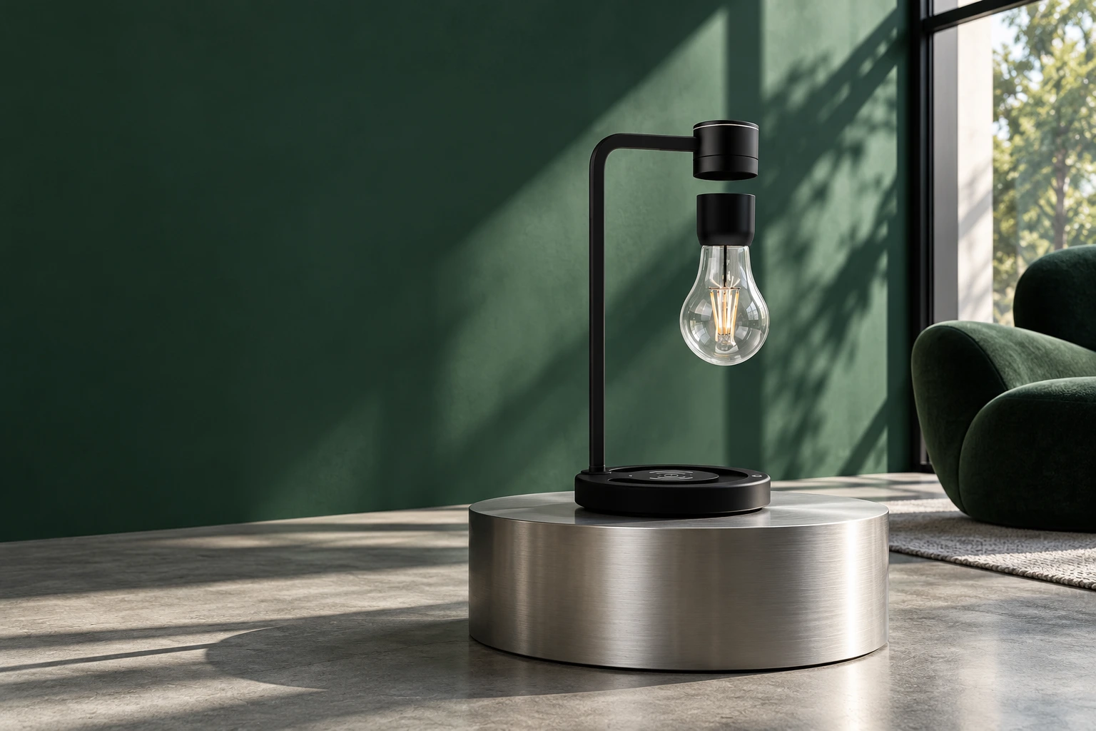 The same levitating bulb and green room in daylight