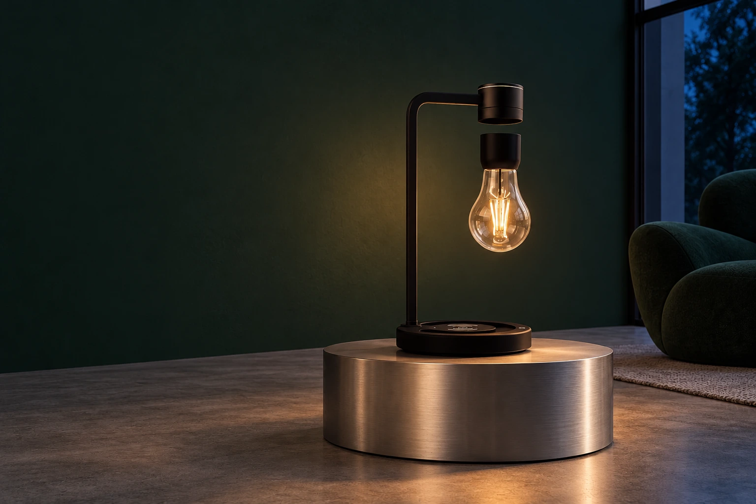 The levitating bulb glowing in the green room at night