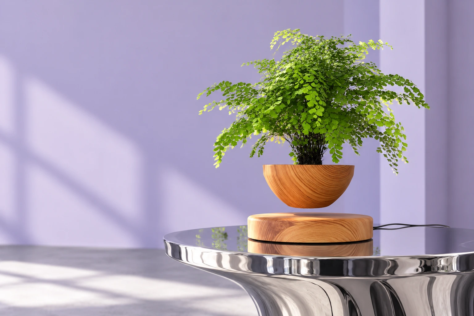 Round floating planter in a lilac interior