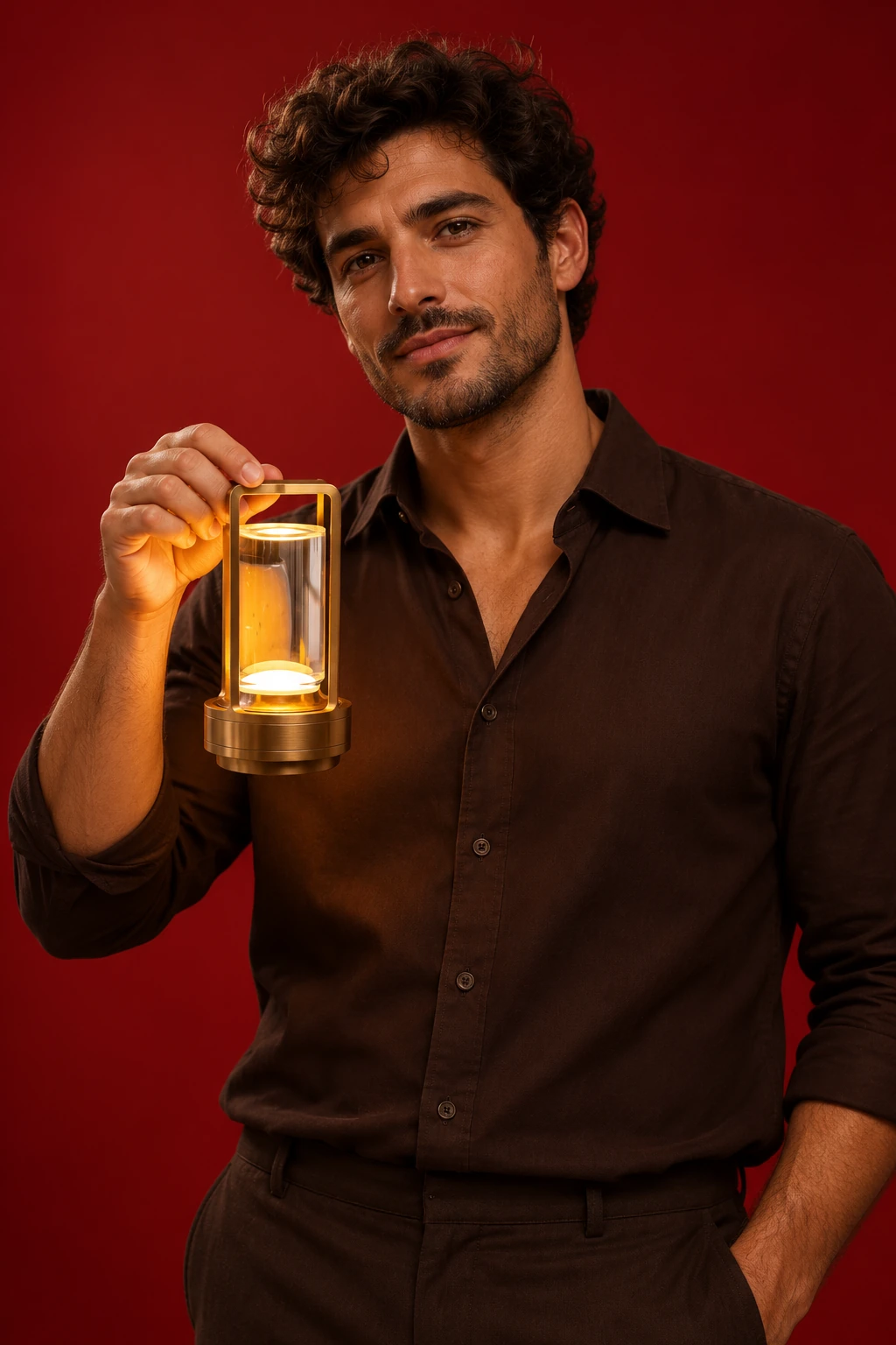 A man holding the small bronze rechargeable lantern by its handle